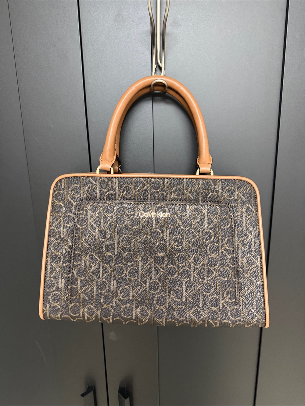Calvin Klein Brown Monogram Satchel with Tan Trim